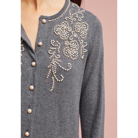 Anthropologie Pearl Embellished Gray Cardigan Sz S - Picture 3 of 12